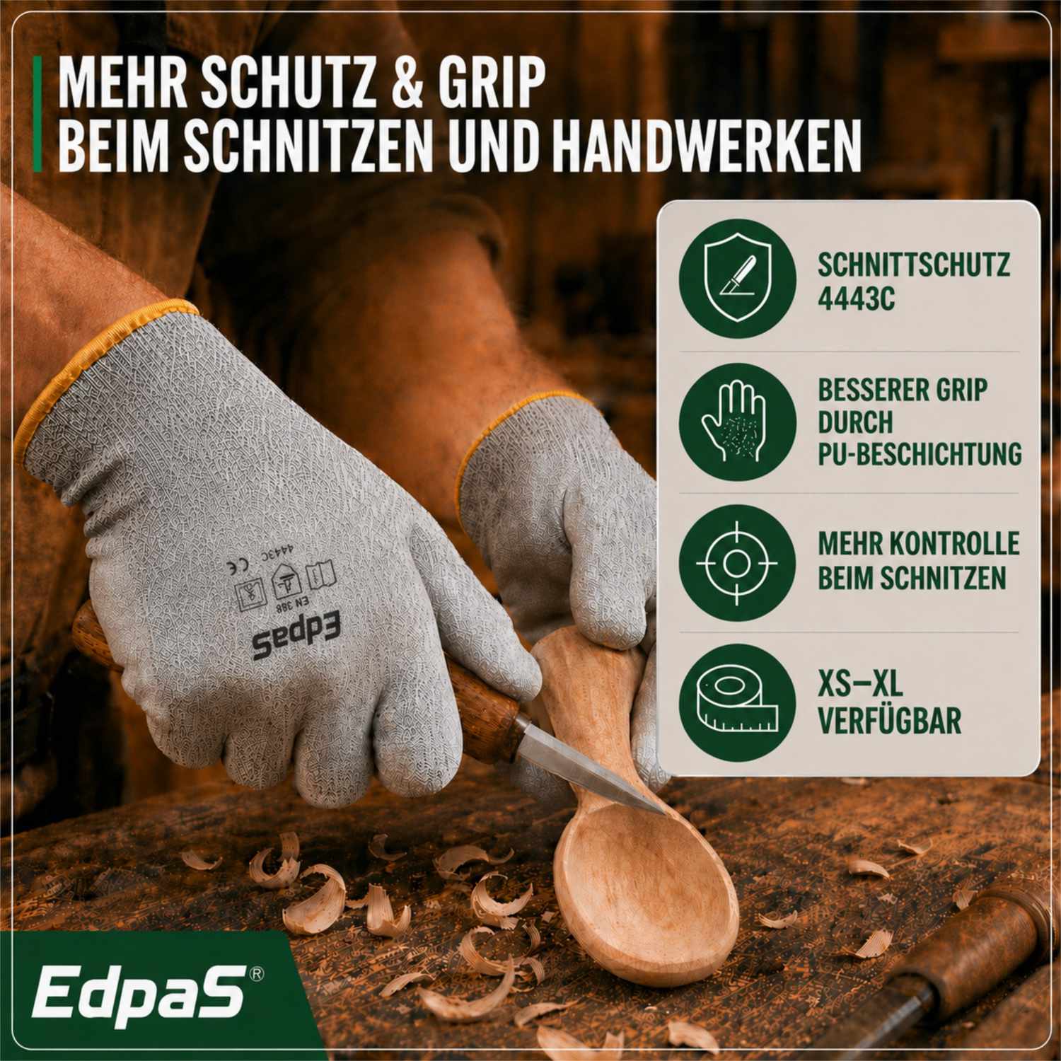 EdpaS Schnittschutzhandschuhe für Schnitzarbeiten mit PU-Grip