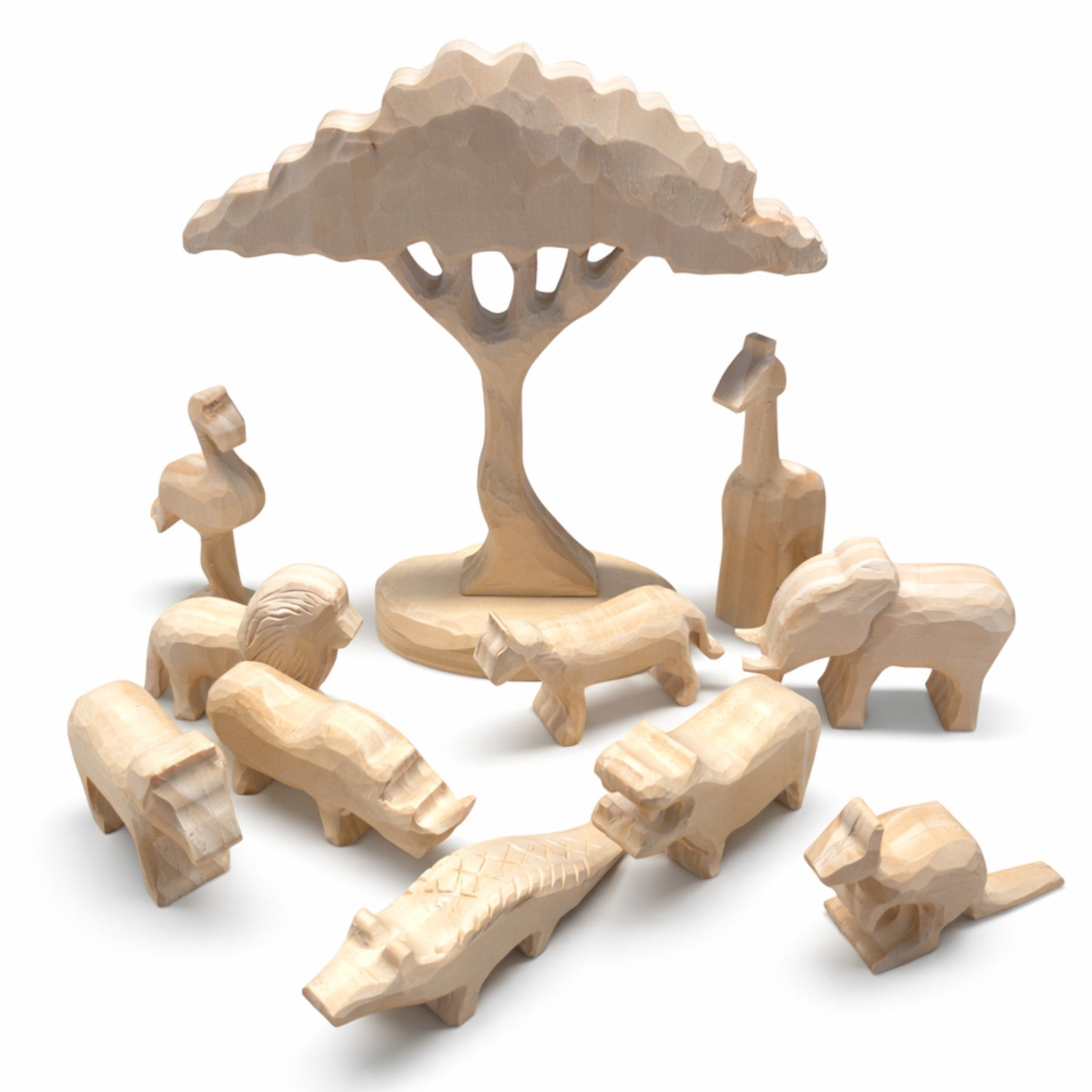 Schnitzrohling Set „Savanne“ – 10 Tiere + Baum