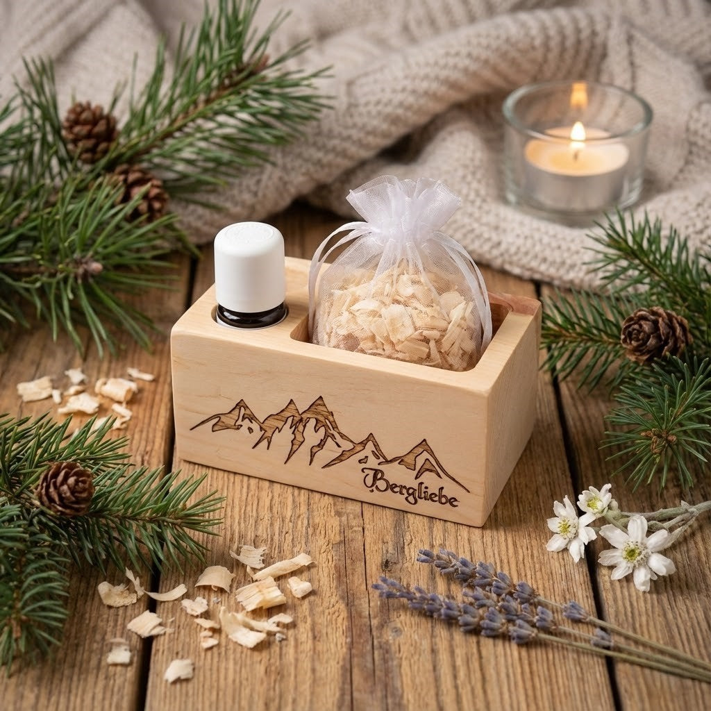 Zirbenduftbox 'Bergliebe' inklusive Zirbenspänen und 5ml Bio-Zirbenöl