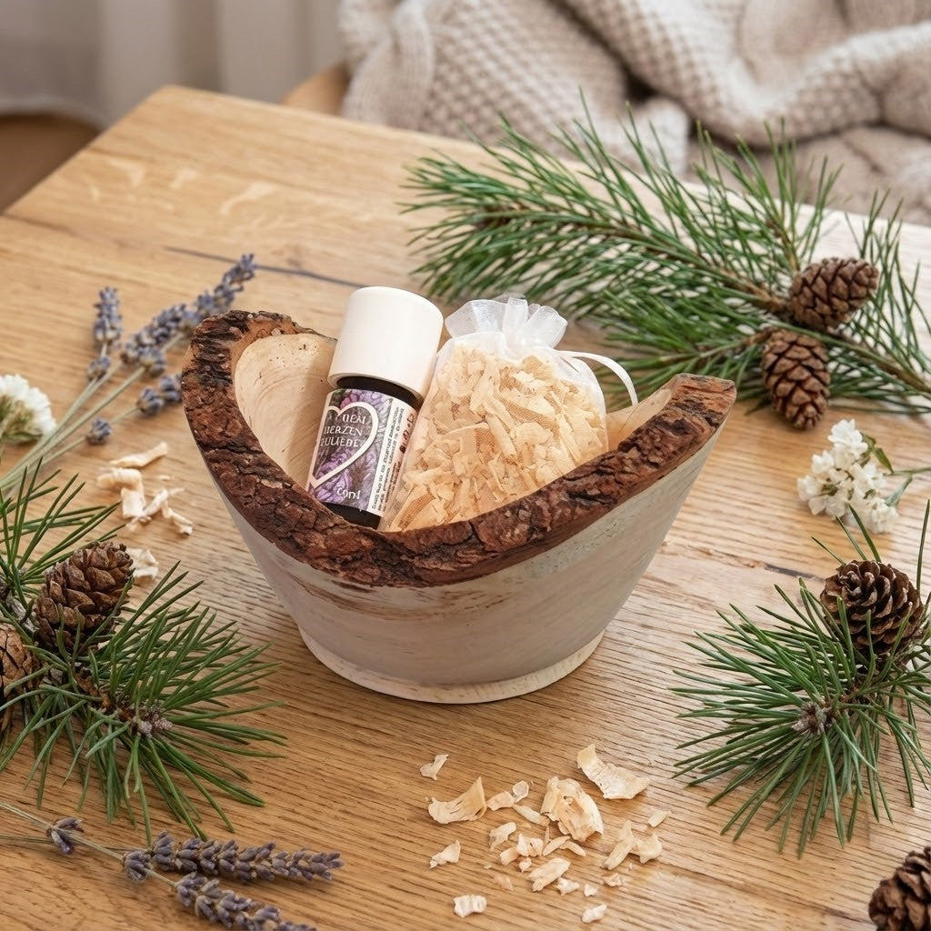 Zirbenholz Schüssel gedrechselt mit Zirbenspänen inkl. 5ml 100% naturreines ätherisches Zirbenöl