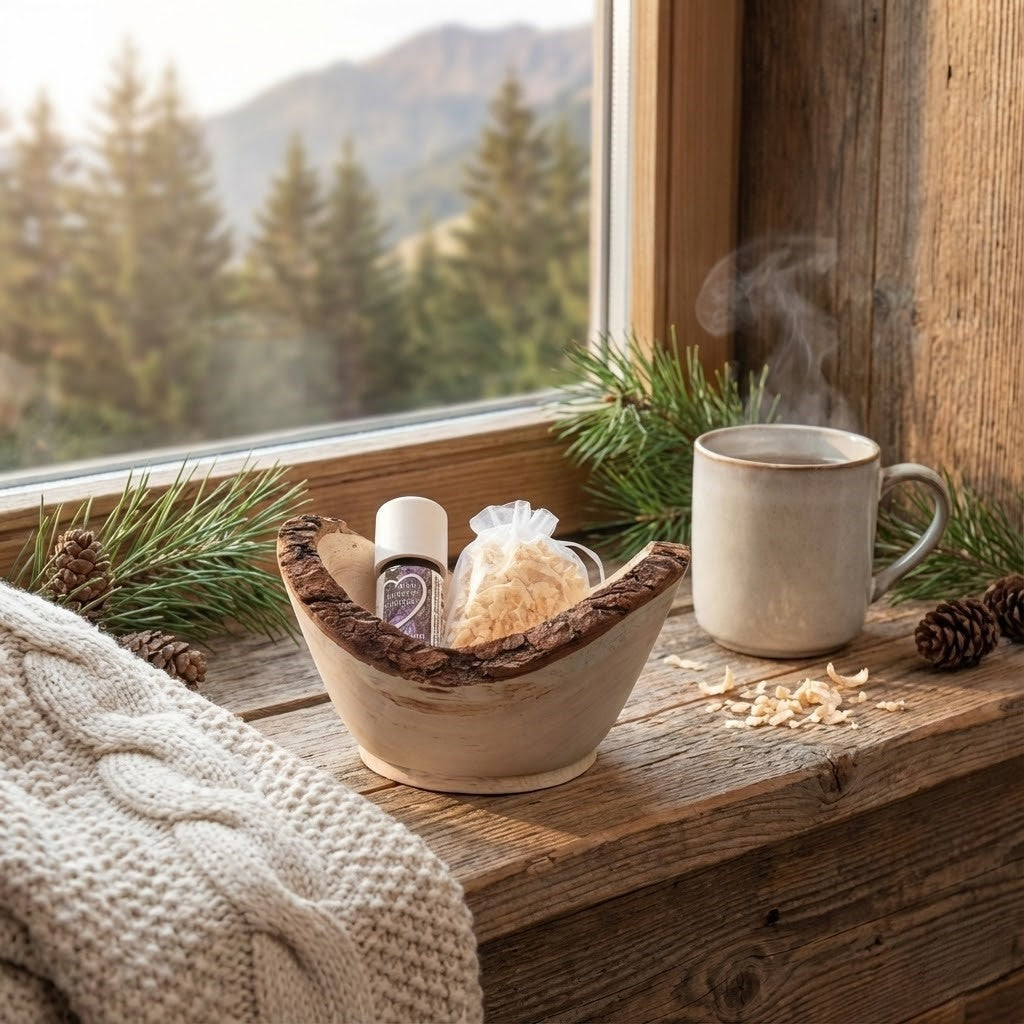 Turned Swiss pine bowl with Swiss pine shavings, including 5ml of 100% pure Swiss pine essential oil.