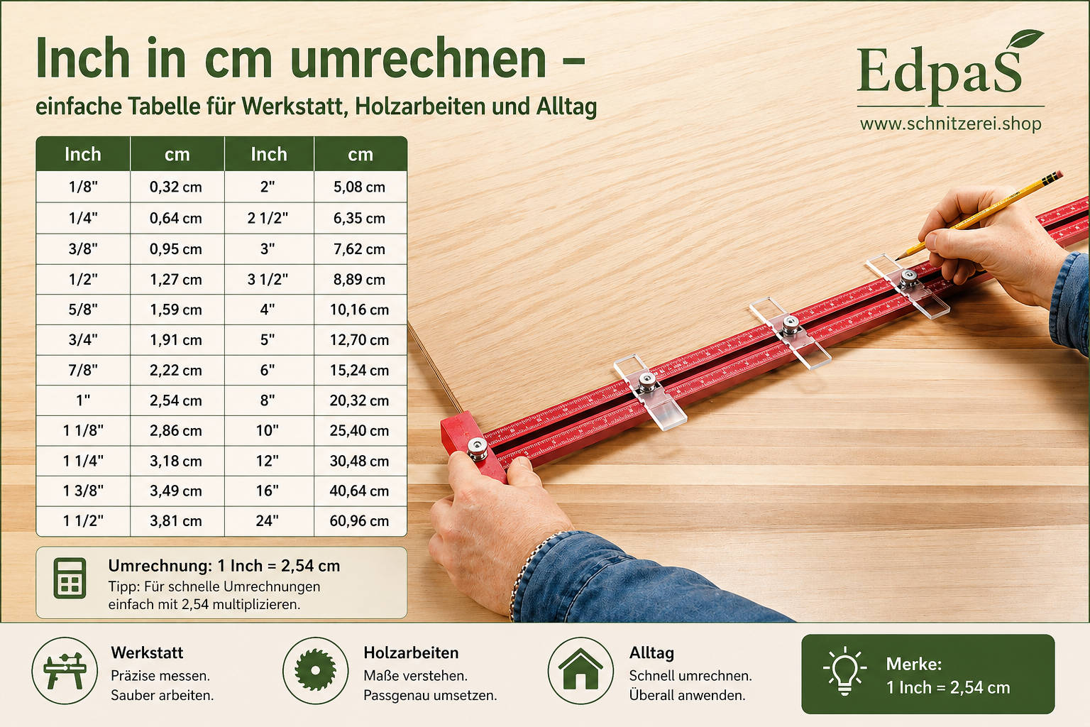 Inch in cm umrechnen – einfache Tabelle für Werkstatt, Holzarbeiten und Alltag