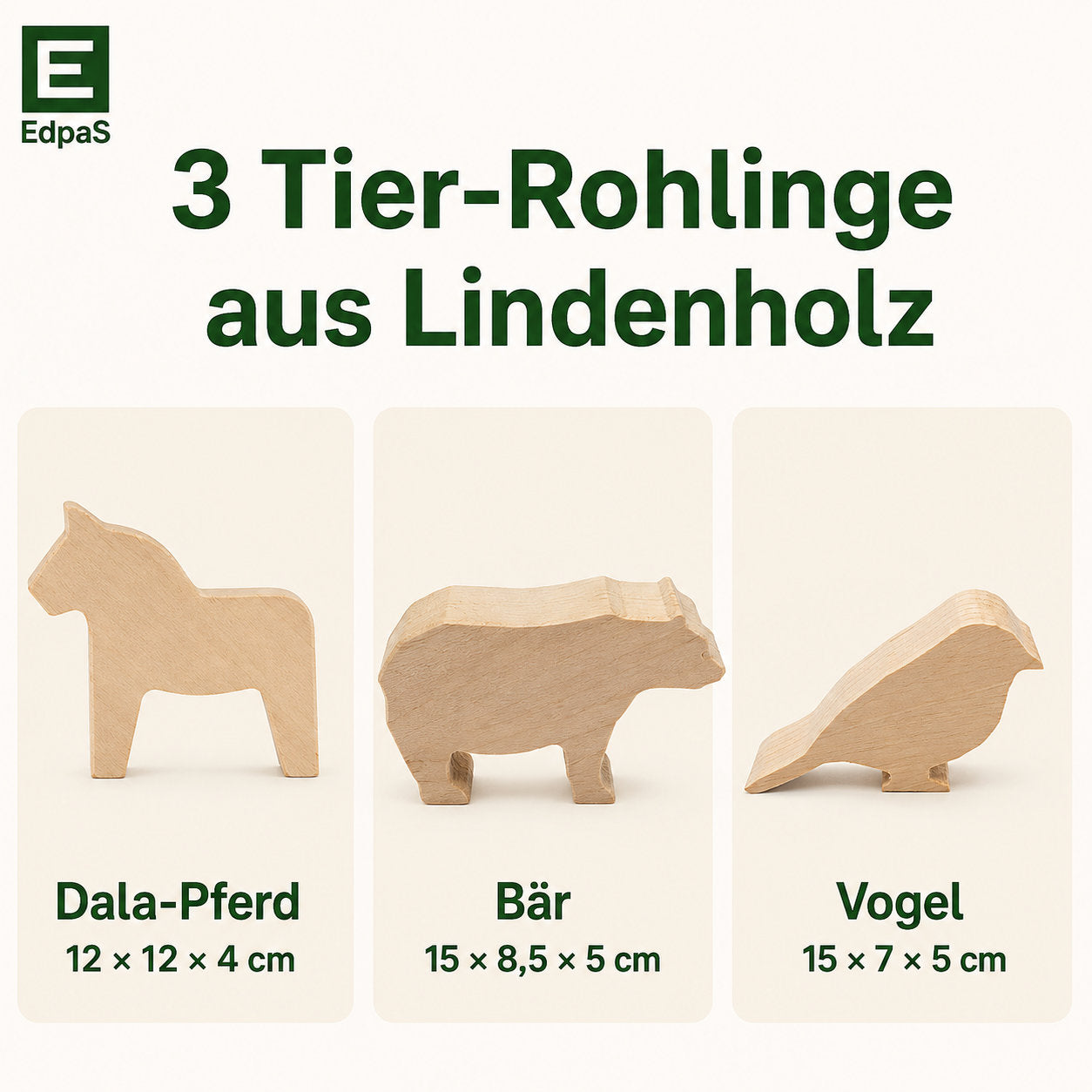 3 große Schnitzrohlinge aus Lindenholz – Bär, Spatz & Dala-Pferd