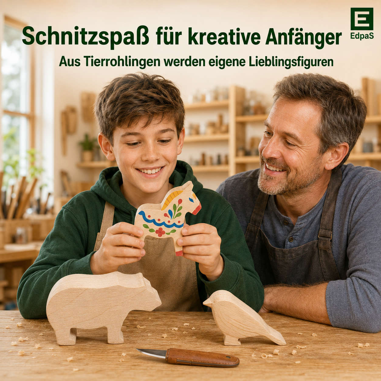 3 große Schnitzrohlinge aus Lindenholz – Bär, Spatz & Dala-Pferd
