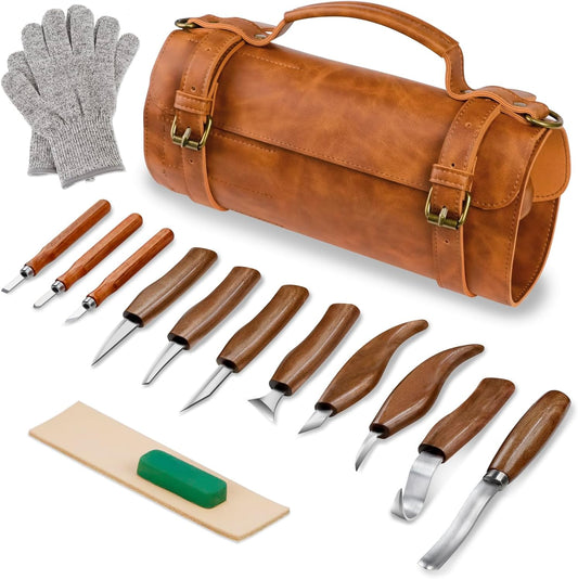 Holzschnitzwerkzeug Set 15 teilig mit Ledertasche