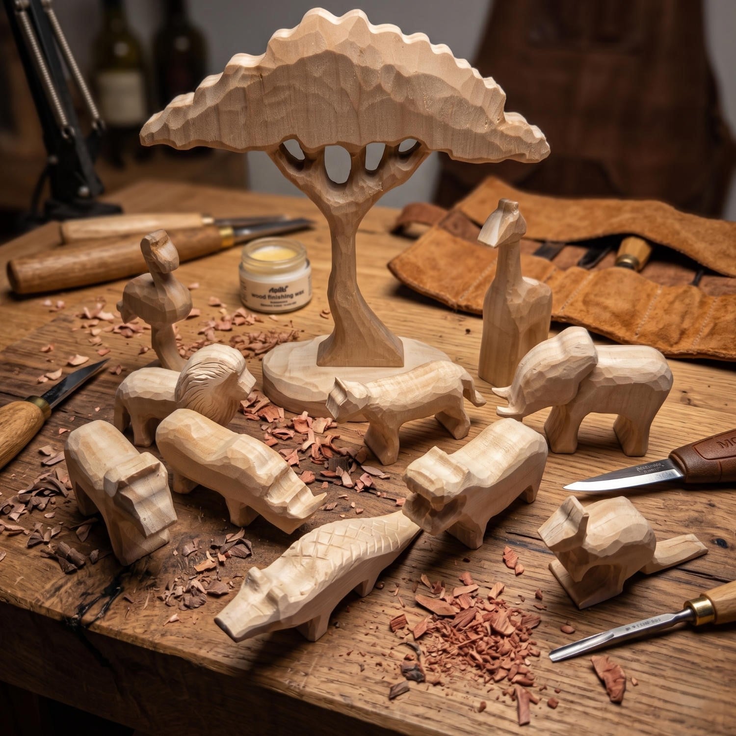 Schnitzrohling Set „Savanne“ – 10 Tiere + Baum