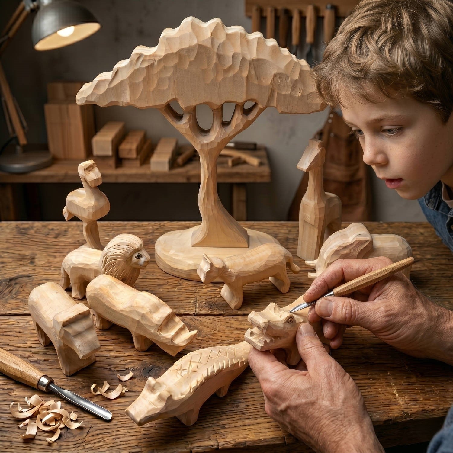 Schnitzrohling Set „Savanne“ – 10 Tiere + Baum