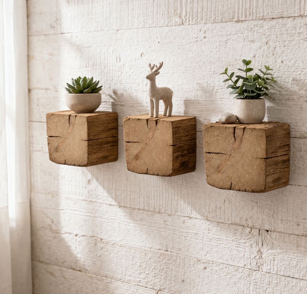 Wandregal „Holzpfeiler Deko“ aus Altholz – 3er Set