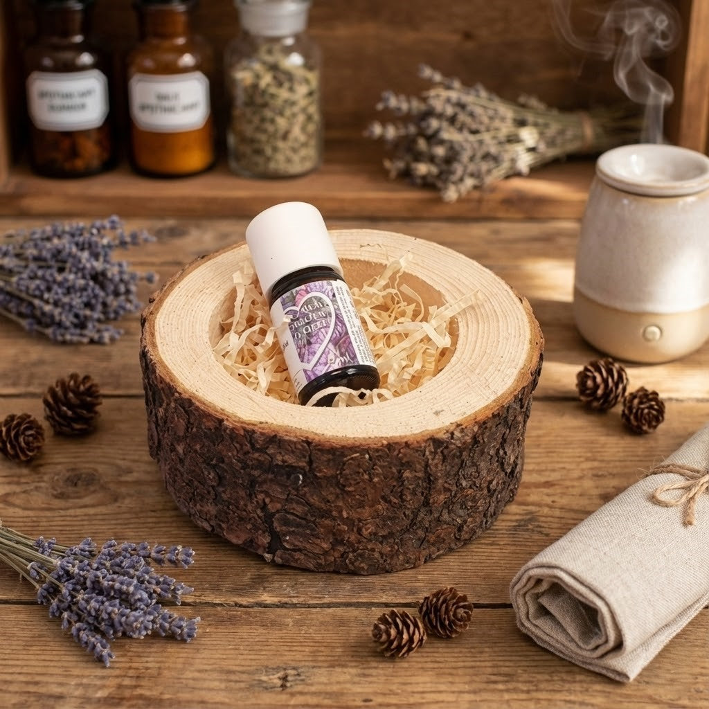 Swiss pine heartwood bowl and Swiss pine shavings including 5ml of 100% pure Swiss pine essential oil