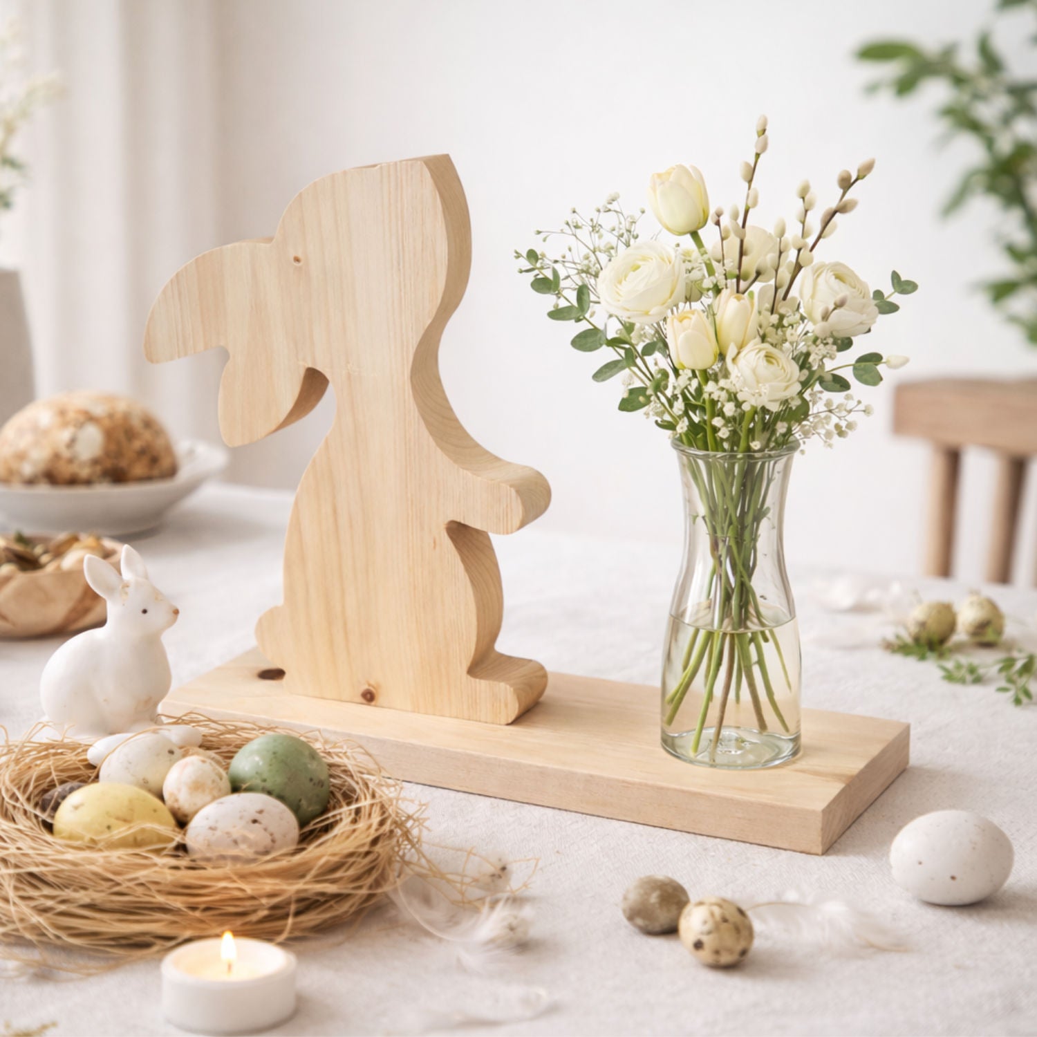 Holzhase mit Vase aus Zirbenholz - Osterhase