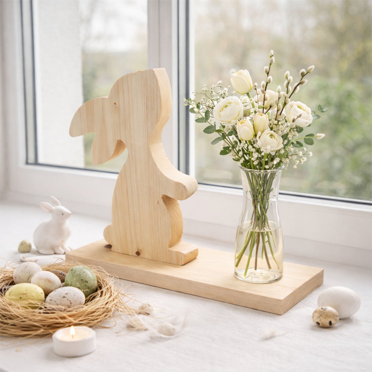 Holzhase mit Vase aus Zirbenholz - Osterhase