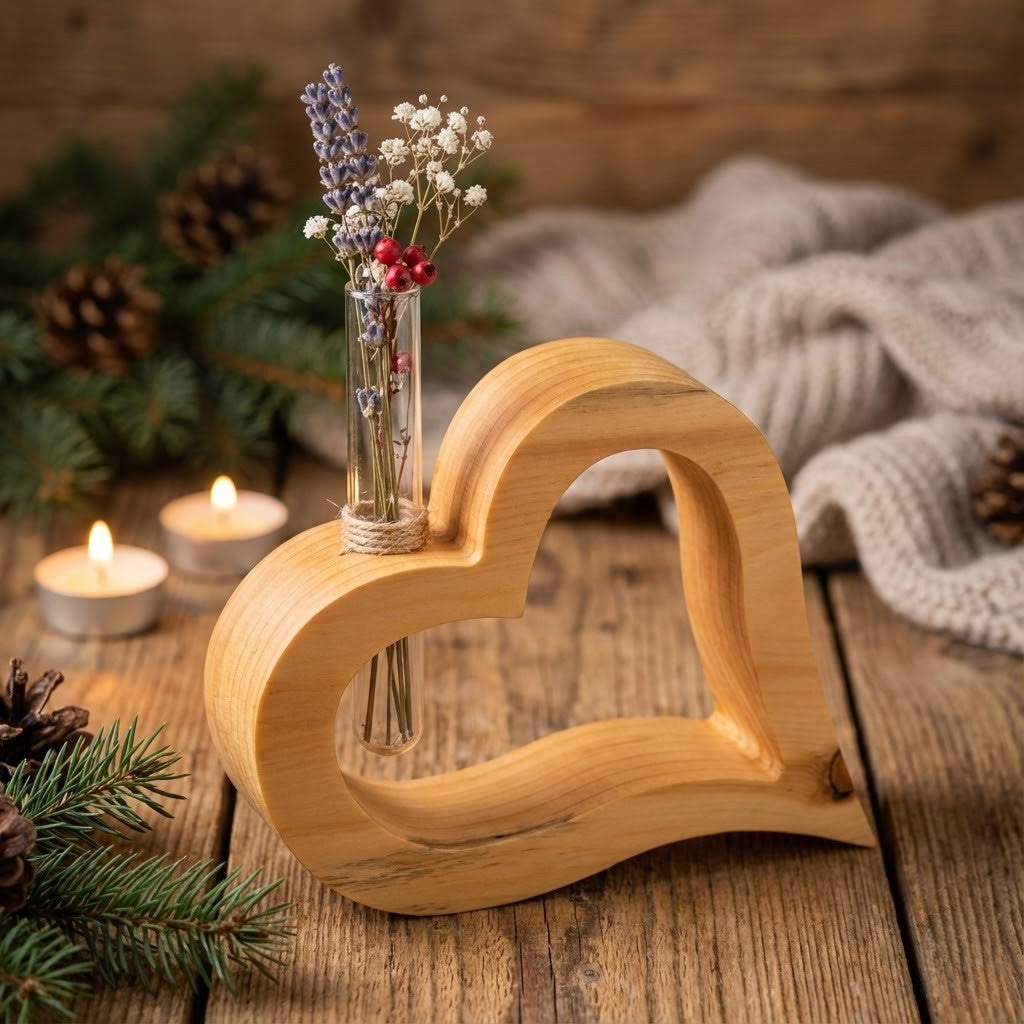 Zirbenholz Herz mit Glasröhrchen 20 cm