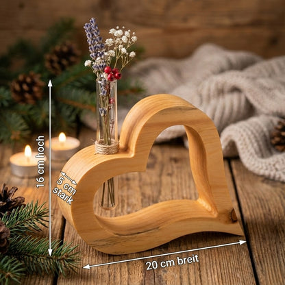 Zirbenholz Herz mit Glasröhrchen 20 cm