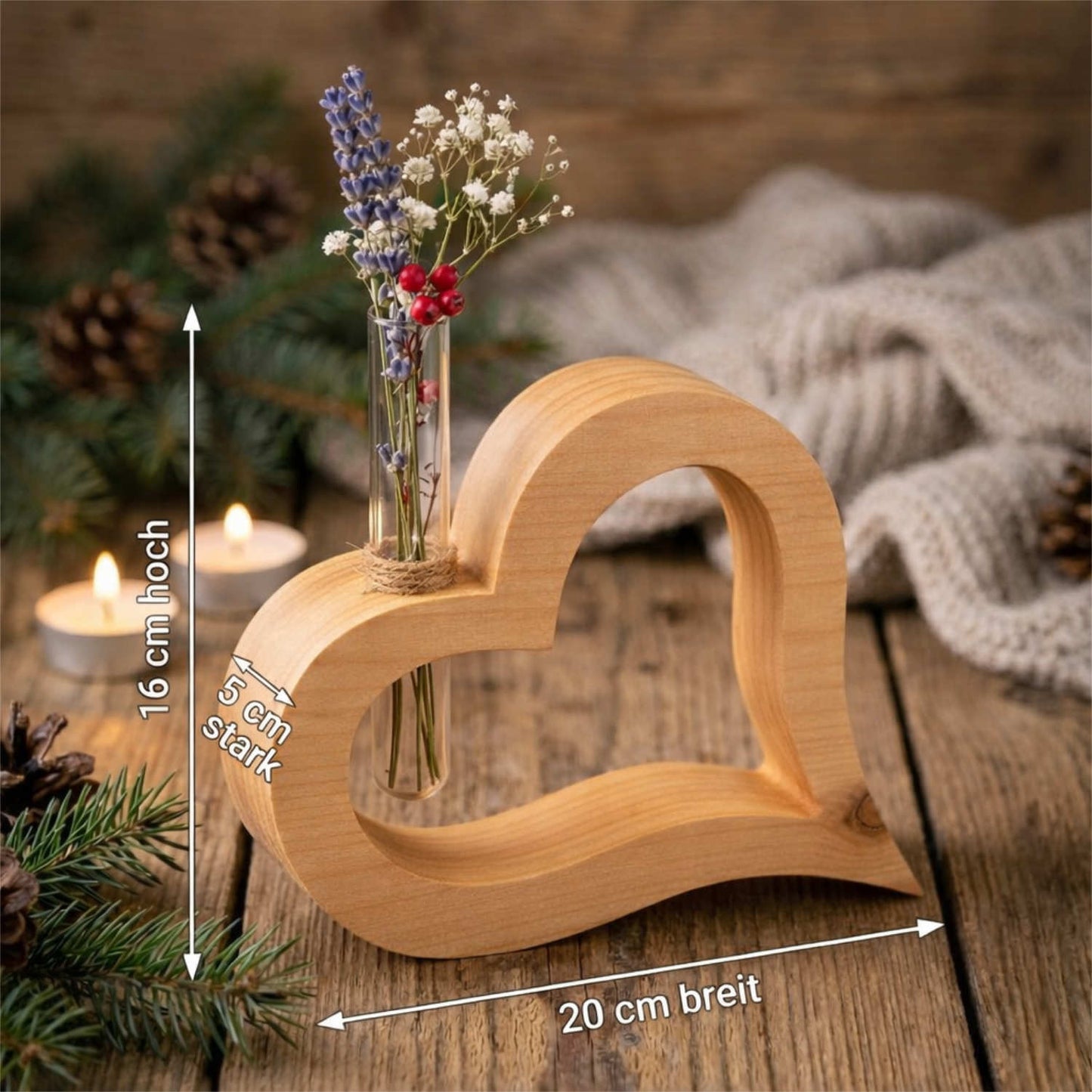 Zirbenholz Herz mit Glasröhrchen 20 cm