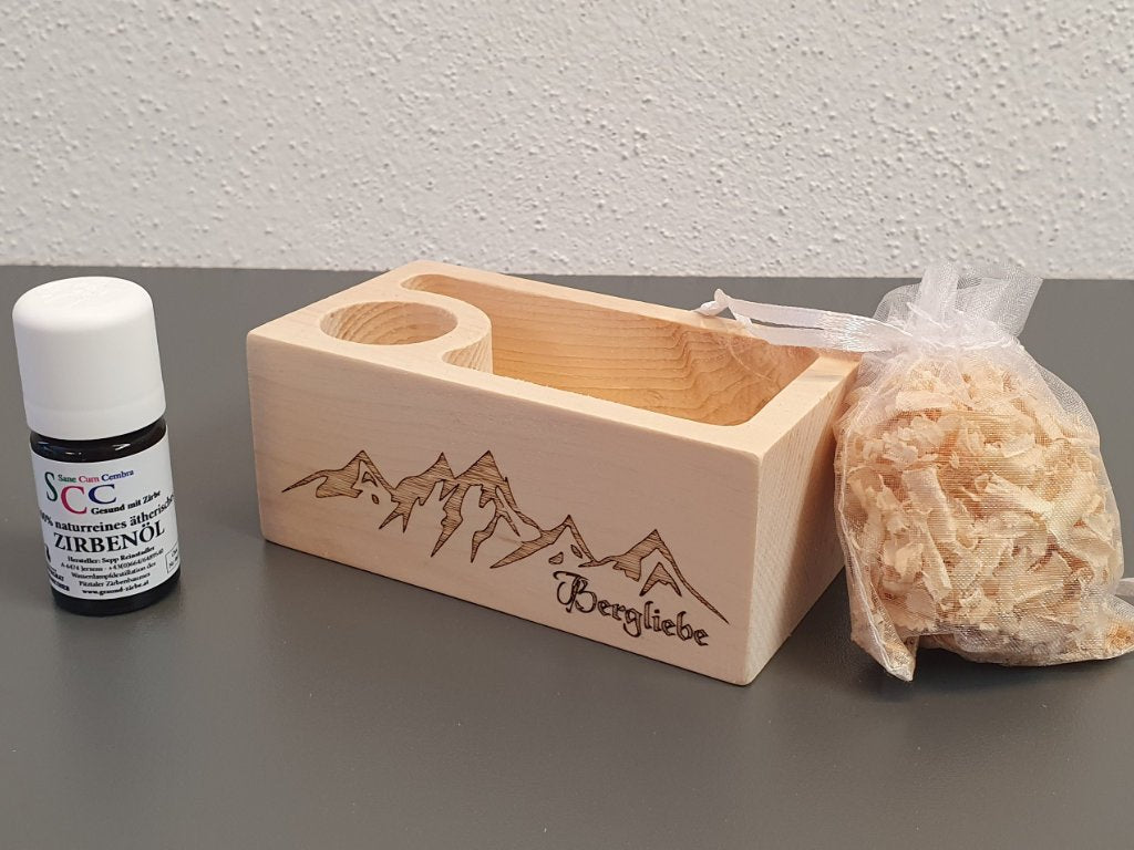 Zirbenduftbox 'Bergliebe' inklusive Zirbenspänen und 5ml Bio-Zirbenöl - EdpaS